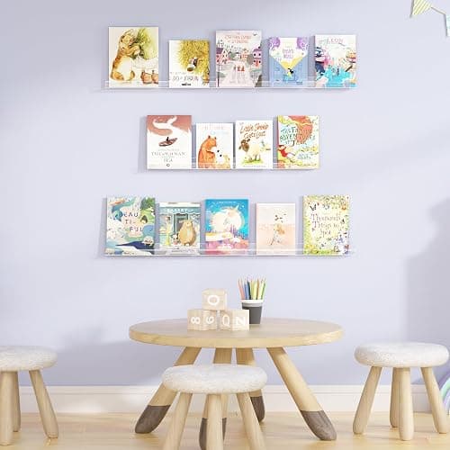 upsimples 6 Pack Clear Acrylic Shelves, 12" Nursery Bookshelves, Small Floating Bookshelf for Kids Baby, Vinyl Wall Mount, Record Holder, Magazine Rack, Comic Display, Picture Ledge Shelf Decor - 10 thumbnail 2