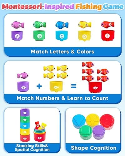 Montessori Toys for 1 Year Old, Toddler Fishing Game with Stacking Cups, Learning Educational Toys for 1 2 Year Old Boy Girl Birthday Gifts, Baby Toy 12-18 Months, Sensory Sorting Toy for Toddlers 1-3 thumbnail 3