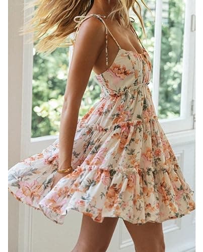 Mansy Womens 2026 Summer Floral Mini Dress Boho Flowy Skater Dresses Short Sleeveless Ruffle Spaghetti Strap Dress thumbnail 3