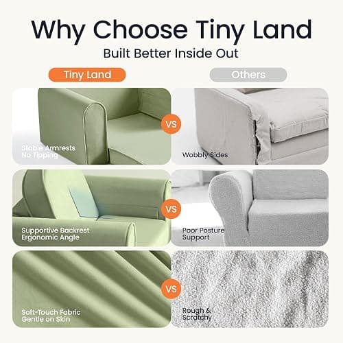 Tiny Land 2-in-1 Foldable Kids Couch with Pockets – Soft Thick Toddler Sofa, Lounger Couch, Convertible Kids Chair for Playroom, Bedroom or Living Room, Gift for Boys & Girls(Green) thumbnail 4