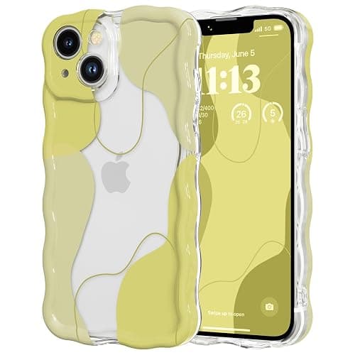 DEFBSC for iPhone 14 Plus/15 Plus Case, Cute Clear Wavy Art Design Aesthetic Pattern Phone Case for Women Girls, Wave Frame Durable Protective Cover Full Camera Protection Bumper, Yellow thumbnail 3