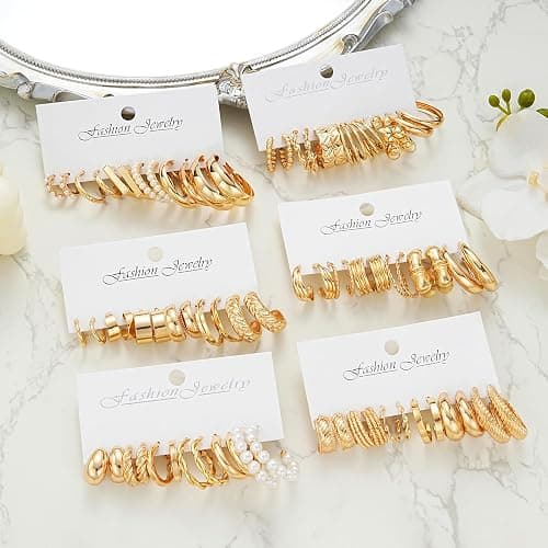 36 Pairs Gold Hoop Earrings Set for Women, Fashion Chunky Gold Hoop Earrings Multipack, Hypoallergenic Pearl Chain Twisted Statement Earring Pack for Birthday Party Jewelry thumbnail 5