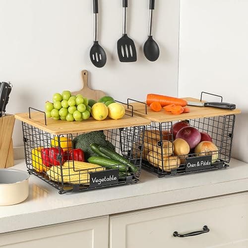 2 Set XXL Stackable Wire Basket with Bamboo Tops & Tag- Pantry Organizer and Storage Bins, Kitchen Counter Cabinet Shelf Countertop Under Sink Organizing, Food Snack Produce Onion Potato Bread Storage thumbnail 9