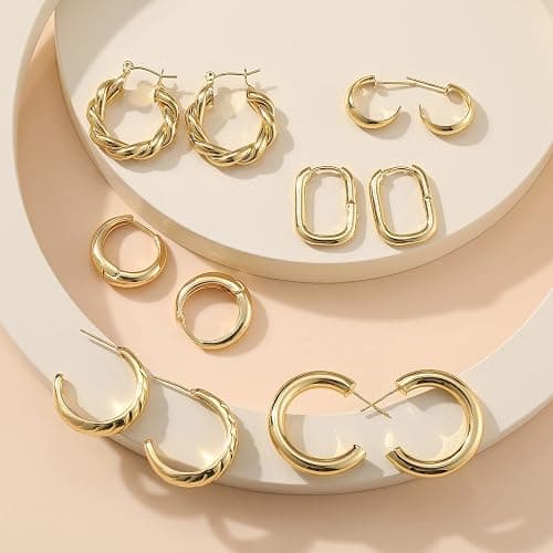 Gold Hoop Earrings Set for Women, 14K Gold Plated Lightweight Hypoallergenic Chunky Open Hoops Set for Gift thumbnail 5