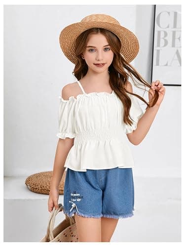WDIRARA Girls Cold Shoulder Top Cute Ruffle Trim Puff Sleeve Shirt Casual School Holiday Peplum Blouse thumbnail 2