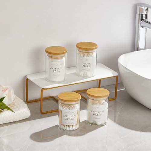 INIUNIK 3 Pack Qtip Holder Dispenser - Glass Apothecary Jars with Lids, Cotton Ball Pad Swab Round Holder, Bamboo Bathroom Accessories, Bathroom Organizers Containers Jars Canisters with Lids thumbnail 5