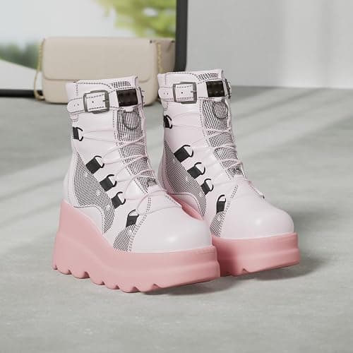 Tscoyuki Platform Ankle Boots for Women Chunky High Heel Booties Goth Round Toe Combat Boots Women Lace Up Motorcycle Wedges thumbnail 3