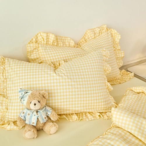 SUCSES Yellow Gingham Ruffle Comforter Set for Kids Twin 5 Pieces Ruffled Plaid Bedding for All Seasons Soft Lightweight Grid Printed Bed Comforter Sets (Yellow Gingham, Twin) thumbnail 8