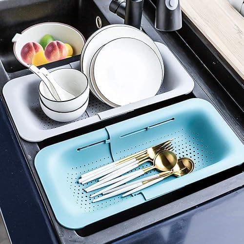 Collapsible Sink Colanders and Strainers Basket Over the Sink Colander Collapsible Colander Extendable Plastic Fruit Vegetable Strainer Drainer Basket for Kitchen (Length 14.3 inch-19.4 inch) (White) thumbnail 6