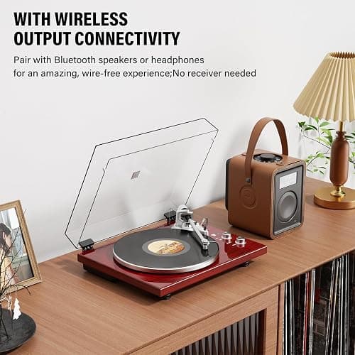 Belt Drive Turntable for Vinyl Record Player,Connect with Bluetooth Speakers or Active Speaker,Built-in Phono Pre-amp,USB Digital Output, Magnetic Cartridge,High-Gloss Wood Design(Red) thumbnail 7