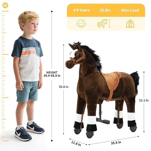Ride on Horse for Big Kids, Horse Ride on Toy for 4 to 9 Years Old, (35.8'' Height) Riding Horse Rider Mechanical Walking Action Plush Animal, No Battery or Electricity, Max Load 165LBS - Brown thumbnail 3