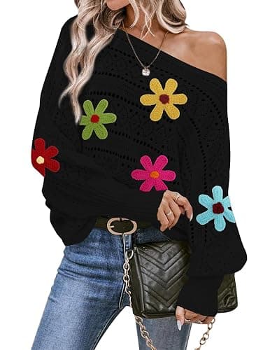 Cakulo Womens Off Shoulder Sweater Top Fall Outfits Fashion 2025 Oversized Knit Batwing Long Sleeve Crochet Flower Sweaters - Image 1