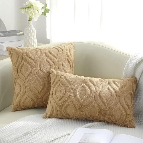 decorUhome Faux Fur Light Brown Khaki Throw Pillow Covers 18x18 Set of 2 | Plush Solid Fall Couch Pillow Covers, Accent Modern Farmhouse Neutral Decorative Soft Pillow Cases for Sofa Bed Living Room thumbnail 8