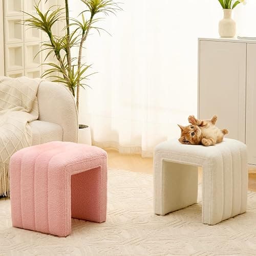 Wimarsbon Vanity Stool Chair, Modern Teddy Velvet Ottoman Footrest, Sofa Bench Footstool Extra Seat, Home Decor for Makeup Room, Living Room, Entryway, Office (White) thumbnail 8
