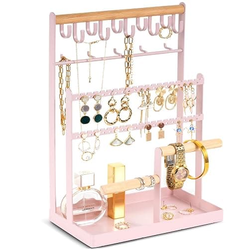 ProCase Jewelry Organizer Stand Necklace Organizer Earring Holder, 6 Tier Jewelry Stand Necklace Holder with 15 Hooks, Jewelry Tower Display Rack Storage Tree for Bracelets Earrings Rings -Pink - Image 1