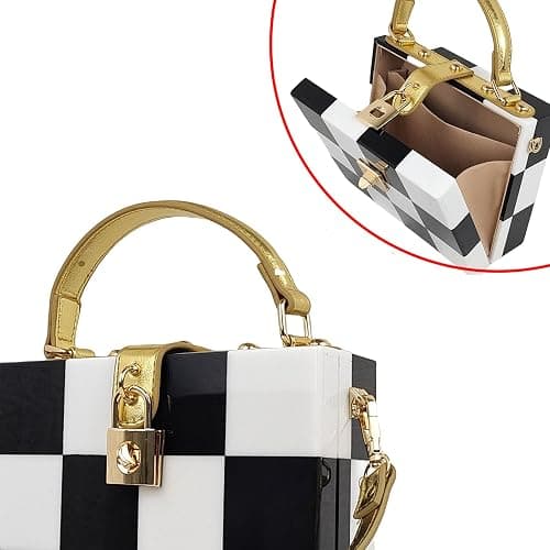 Black White Checkerboard Acrylic Clutch Purse Bag Women Box Evening Bags Acrylic Chain Crossbody Handbag(Stitching) thumbnail 4