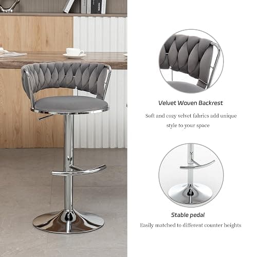 Riknuxi Velvet Bar Stools Set of 4, Counter Height Barstools with Low Back, Swivel Bar Stool for Kitchen Island, Pub (Grey) thumbnail 3