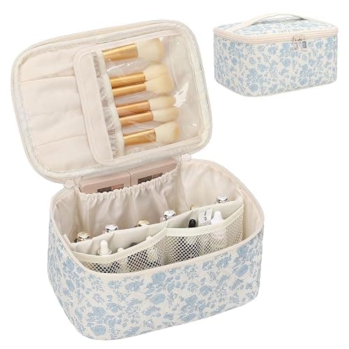 OCHEAL Makeup Bag Portable Cosmetic Bag For Women, Large Capacity Travel Makeup Case Organizer, Toiletry Bag for Girls Traveling With Handle and Divider-Flowers thumbnail 9