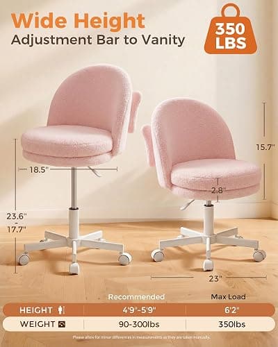 GTPLAYER Velvet Tall Office Chair with Wheels Vanity Chairs with Back, Versatile Height Use: Office to Bar Stools Small Ergonomic Comfy Armlees Computer Desk Chair with Bow Lumbar Pillow for Gift thumbnail 2