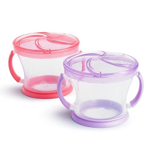 Munchkin Snack Catcher Toddler Snack Cups, No Spill, 2 Pack, Pink/Purple - Image 1