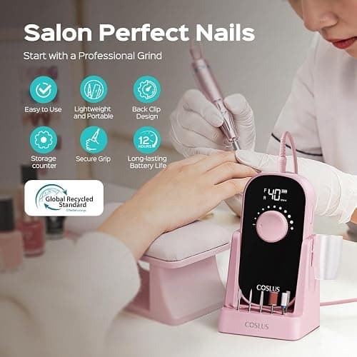 COSLUS E51 Electric Nail Drill Professional: Rechargeable Nail File with Stand for All Manicure Shaping & Gel Removal, Entry-Level Easy, 40000RPM E-File for Nail Art Practice, Home DIY and Salon, Pink thumbnail 5