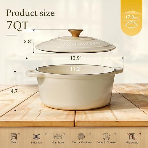 Overmont Casseruola in Ghisa Smaltata - Antiaderente Forno Olandese con Coperchio - Ø28 CM Rotonda Cocotte per Adatto a Piani di Cottura e Forni a Induzione - Bianco thumbnail 3
