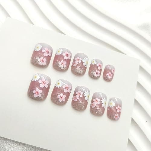 Flower Press on Nails Short Square Fake Nails with Floral Glitter Designs Spring Nails Press ons Pink White Glue on Nails Cute False Nails Summer Stick on Nails for Women 24Pcs thumbnail 3