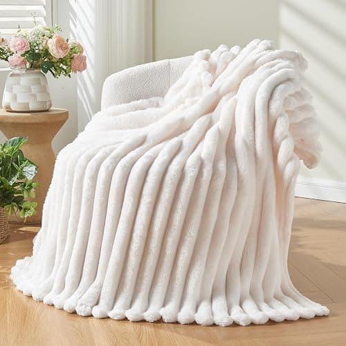 Super Soft Queen Blanket Ivory Premium Silky Flannel Fleece 3D Ribbed Jacquard Lightweight Bed Blanket All Season Use (Ivory Ribbed, Queen(90"x90")) thumbnail 8