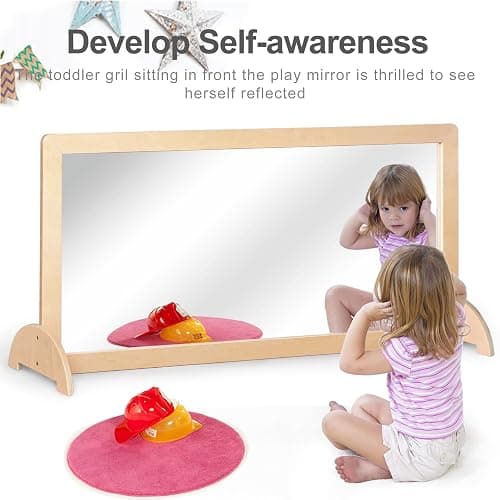 KRAND 3-Position Montessori Wood Frame Non-Shatter Safety Pull Up Bar Baby Big Mirror Set, Infant Coordination Mirror, Kids Classroom Furniture for Daycare, Homeschool or Preschool thumbnail 3