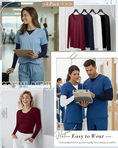 Xaatren 4 Pack Women's Underscrub Shirts Nurse Undershirts Long Sleeve Crewneck Slim Fit Tops Soft Stretchy Basic Tee thumbnail 2