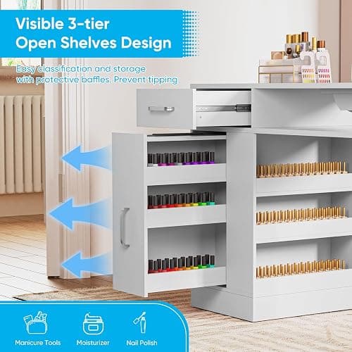 TABU Professional Manicure Table, Large Nail Table for Nail Tech with Pull-Out Drawers& Opening Storage Cabinets, Nail Workstation with Dust Collector, Wrist Cushion, White thumbnail 4
