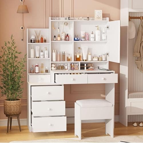 Vabches Vanity Makeup Mirror Desk with Stool,Makeup Vanity Set with 6 Drawers and Shelves,Vanity Table with Power Strip,Vanity Mirror 3 Lighting Color Adjustable,White thumbnail 7