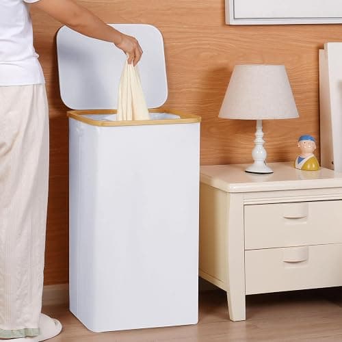 efluky Laundry Hamper with Lid, 100L Tall Laundry Basket with Bamboo Handles for Clothes and Toys, Collapsible Laundry Hamper with Inner Bag for Bedroom and Bathroom, White thumbnail 7