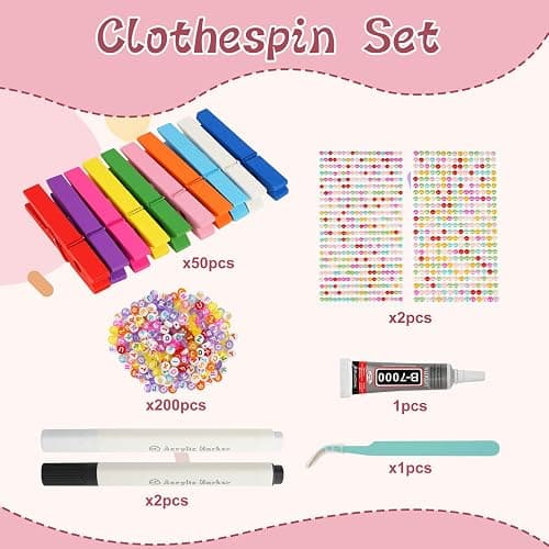 50-Pack Cheer Pins Kits-50pcs 2.9 Inch Wooden Clothespins in 10 Colors, 58 Resin Charms, 2 Gem Sticker Sheets, 200 Letter Beads for Team Spirit, Classroom Crafts & Cheerleading Accessories thumbnail 5
