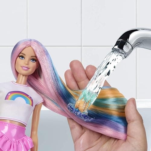Barbie Rainbow Sparkle Hair Doll, Extra-Long and Colorful Hair with 12 Styling Accessories like Glitter Tube, Brush, Clips, Hair Dryer and More, JJP07 thumbnail 2