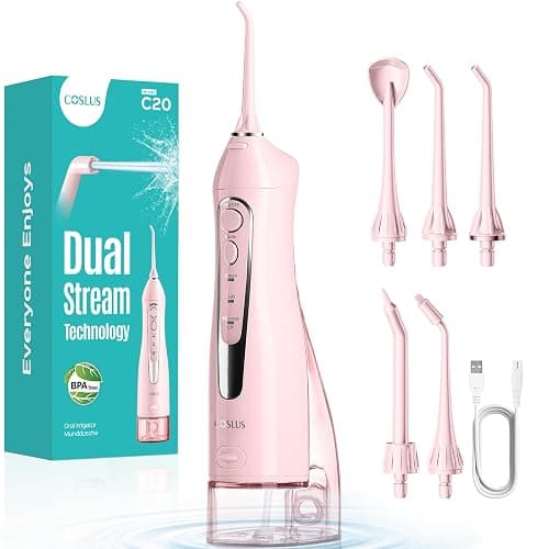 COSLUS Water Teeth Flosser: 300ML Electric Water Tooth Floss Cordless Jet Flossers for Teeth Cleaning IPX7 Waterproof Rechargeable Portable Travel Floss Light-Pink - Image 1