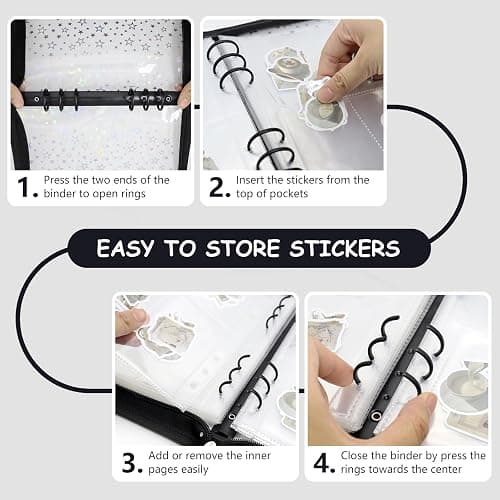 Ruatu Sticker Storage Organizer Binder A5 Sticker Collecting Book Reusable Zipper Album with Clear Laser Star Cover and Pocket Pages (Black) thumbnail 5