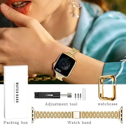 QUNDAXI Slim Watch Band Compatible with Apple Watch 41mm 45mm 42mm 44mm 40mm 38mm Metal Stainless Steel Watchband Suitable for iWatch 10/9/8/7/6/5/4/3/2/1/SE Series Women Luxury Strap thumbnail 6