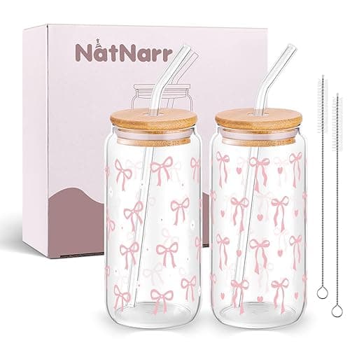 2 Pcs Coquette Bow Glasses Cups, 16 oz Aesthetic Iced Coffee Tumbler Cute Glass Cup with Lids Brush and Straws, Reusable Glasses Drinking for Teen Girls Women Kids Gifts Trendy Stuff