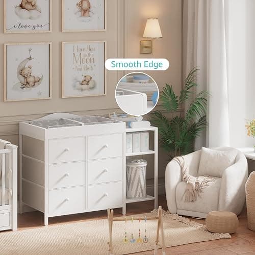 BOLUO Baby Dresser with Changing Table Top, White Changing Table Dresser with 6 Fabric Drawers Diaper Changing Station with Storage Shelf for Nursery Modern thumbnail 5