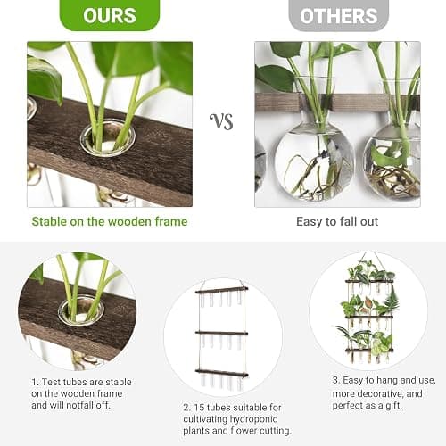 Mkono Plant Propagation Tubes, 3 Tiered Wall Hanging Terrarium with Wooden Stand Mini Test Tube Flower Vase Glass Planter Stations for Hydroponic Cutting Home Garden Office Decor Plant Lover Gift thumbnail 4