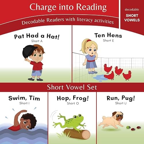 Charge into Reading Decodable Books (Stage 1): 5 Short Vowel Decodable Readers to Help Kindergarten and First Grade Beginning Readers Learn to Read (One Short Vowel Sound Per Book) - Image 1