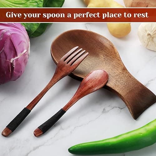 Patelai Acacia Wood Spoon Rest for Stove Top Bamboo Holder for Spatula Rest for Kitchen, Counter Spoon Holder for Countertop, Modern and Rustic for Farmhouse as Dining Table Decoration(Brown) thumbnail 7