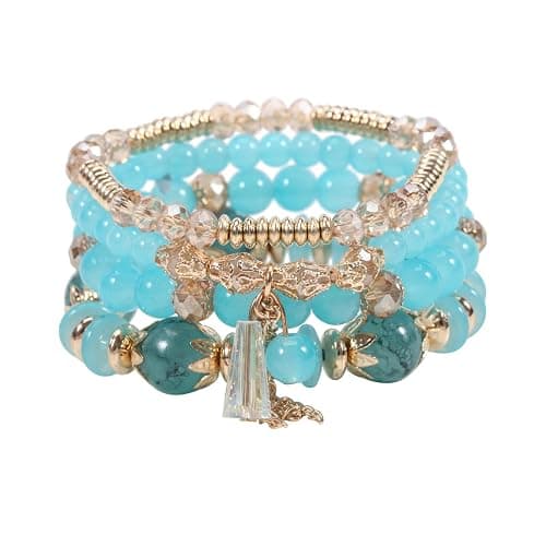 4Pcs Bohemia Multilayer Stackable Beaded Bracelets Set Colorful Crystal Stone Gold Beaded Stretch Bracelets Hawaii Charm Bracelet for Women Men Summer Beach Boho Vacation Jewelry Gifts - Image 1