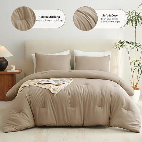 CozyLux Comforter Full Size Set Taupe, 3 Pieces Solid Lightweight Soft Bed Set for All Season, Luxury Breathable Quilted Style Microfiber Down Alternative Bedding Sets (1 Comforter & 2 Pillowcases) thumbnail 2