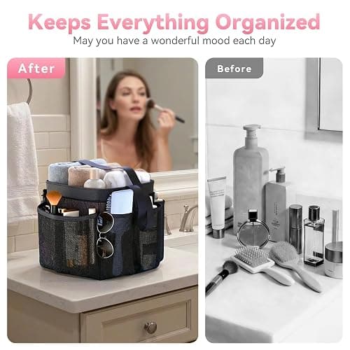YASONIC Mesh Shower Caddy Portable for Dorm College Room Essentials, 8-Pocket Large Shower Bag with Single Handles, Hanging Shower Basket for Beach, Swimming, Bathroom, Beach, Black thumbnail 6