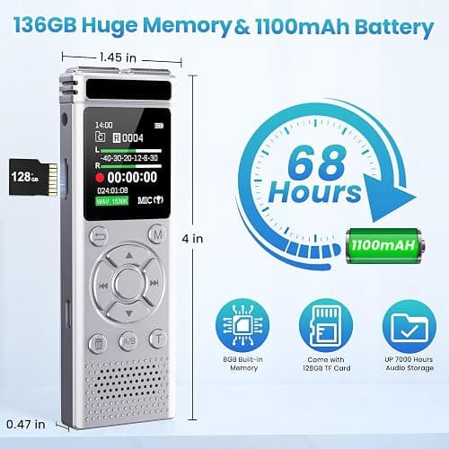 136GB Digital Voice Recorder with Playback,9000 Hours Audio Recording Device,Voice Activated Recorder with Noise Reduction,A-B Repeat,Mp3 Player&Password for Lectures/Meeting/Classes/Interviews,Silver thumbnail 4
