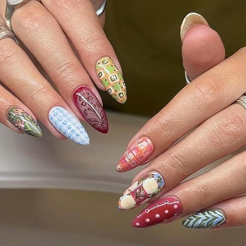 Medium Press on Nails Almond Fake Cute False Nail Fall Artificial Rainforest Charm Colorful Stick on Nails for Women 24pcs thumbnail 2