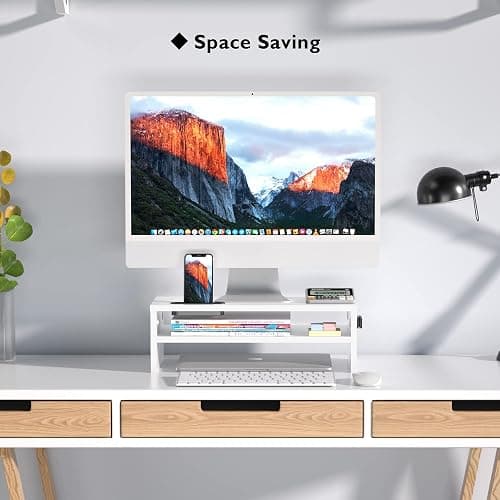 BONTEC Wood Monitor Stand Riser, Desk Monitor Stand with Smartphone Holder, Ergonomic Laptop Stand with Cable Management for Computer, Notebook, PC, 2 Tiers Black (W420 x D235 x H142mm) thumbnail 2