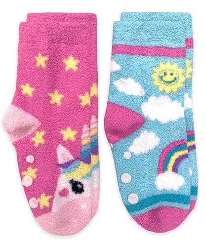 Jefferies Socks Girls Fuzzy Rainbow Animal Pattern Non Skid Slipper Socks 4 Pack thumbnail 3